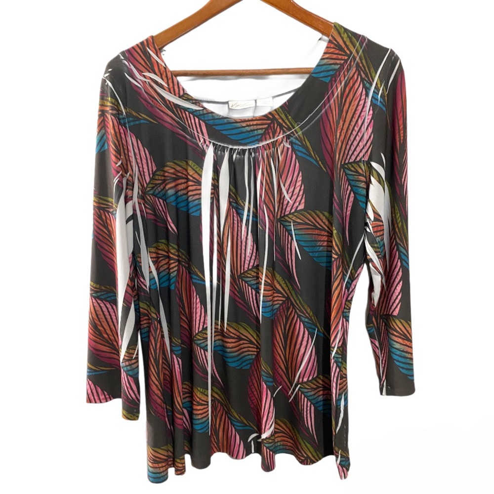 Kim Rogers Botanical Abstract Colorful Leaf Print Blouse Women’s Size XL Rainbow